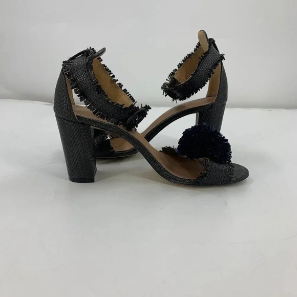 All Black Open-toe Raffia Fringe Pompom Block Heels Ankle Strap Sandals Size 7.5 - Picture 3 of 15
